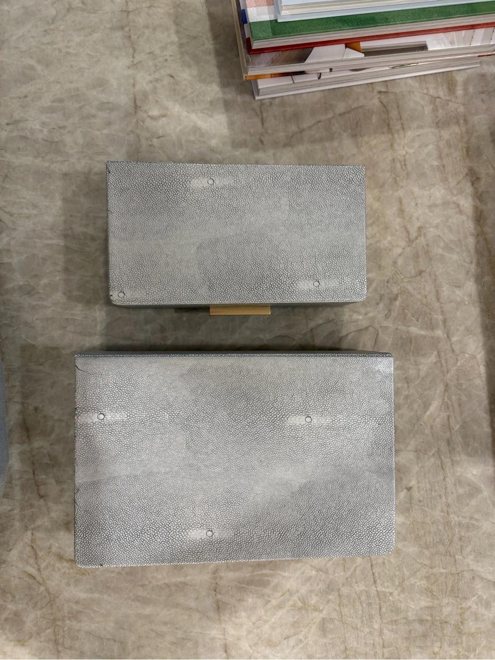 Gray Faux Shagreen Storage Box Set with Gold Accent